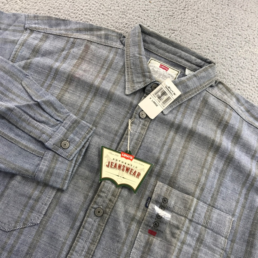 Vintage Levis Shirt Mens XL Blue Gray Striped Work Core Denim Metal Button NEW